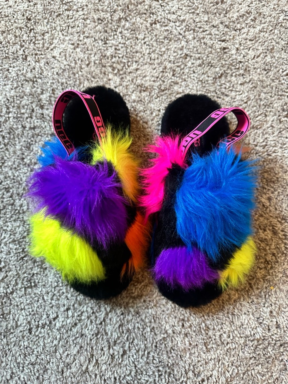 UGG Multicolor Faux Fur Slide Sandals - Neon Purple Blue Yellow Pink